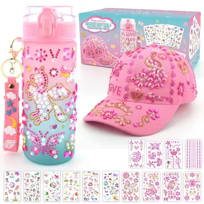 Immagine prodotto di Kit per creare una borraccia e un berretto da baseball per bambine, fai da te, rosa/verde, adatto a bambine dai 4 ai 12 anni