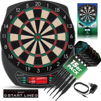 Produktbild von KESSER® Elektronische Dartscheibe Profi Set - E Dartboard mit 15 Dartpfeile + 35 Pro Flights 100 Pfeilspitzen + Zubehör Dart für 1 bis 8 Spieler