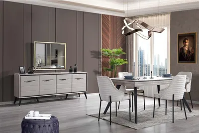 Produktbild von Moderne Esszimmer Holz Möbel Luxus Anrichte Spiegel Esstisch 6x Stühle