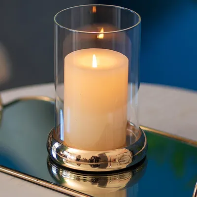 Produktbild von Orkaan Kaarshouder - Klarer Glas Säulen Kaarshouder Zylinder Laterne Mit Metalltablett Für Kamin Kaffeetisch Dekorative Tischmittelstücke Für Weihnachten Hochzeit - Gold