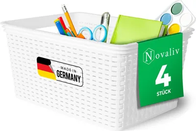 Produktbild von Novaliv 4 Stück Elegante Aufbewahrungskörbe in Rattan-Optik | Weiß Kunststoff 14L – für Büro und Zuhause. Vielseitige Kisten zur Aufbewahrung. Ideale Aufbewahrungsbox Organizer Ordnungsbox