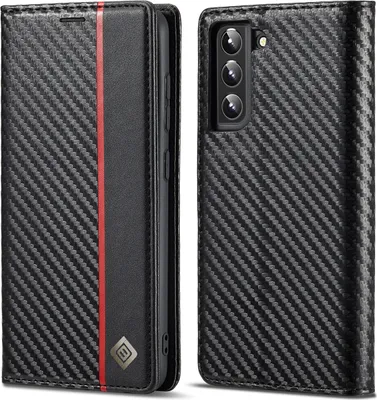 Produktbild von Hülle für Samsung Galaxy S22+ 5G Kohlefaser Leder Brieftasche Schutzhülle mit Standfunktion Schwarz Vertikale Rot