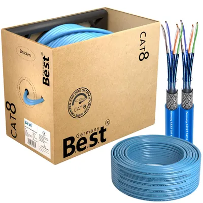 100 m CAT 8.1 Duplex Netzwerkkabel mit Verpackung und Kabelaufbau