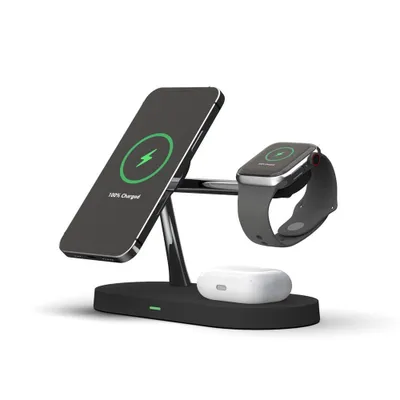 A black 3-in-1 MagSafe charging station with a phone, smartwatch, and earbuds case.