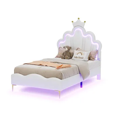 Produktbild von Prinzessinbett mit LED-Beleuchtung, 90x200 cm, höhenverstellbarer Kopfteil, Mädchenbett, Polsterbett für Mädchen, Einzelbett, Kunstleder