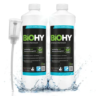 Produktbild von BiOHY Intensivreiniger Universal (2x1l Flasche) + Dosierer | Hochleistungs-INDUSTRIEREINIGER | Grundreiniger ideal für Hochdruckreiniger, schaumarm | Schmutzbrecher & Kraftreiniger