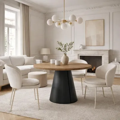 Produktbild von Runder Ausziehbarer Tisch für Esszimmer, CORTIC BIS, Loft-Stil, Skandinavische, Durchmesser: 120/196 cm, Farbe: Eiche Craft Golden/Schwarz