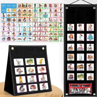 Visueller Zeitplan für Kinder, 96 PECS-Karten, Filztafel, Tagesroutine (Schwarz)