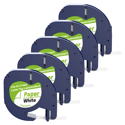 Produktbild von Boxstuff - Dymo LetraTag 91200 - S0721510 - Etikettenband - Schwarz auf weißem Papier - 12 mm x 4 m - 5 Stück