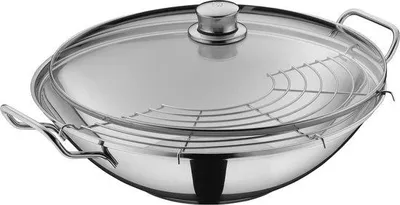 Image de Wok 3 pièces de 36 cm avec couvercle en verre et support pour tempura, en acier inoxydable, compatible avec l'induction