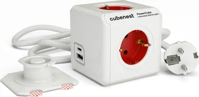 Produktbild von PowerCube Cubenest Extended USB PD 20W USB-A+C Rot, 4x Steckdose, 1,5 m Kabel, Erdung, Überspannungsschutz, max 16A/250V 3680W - F type schuko
