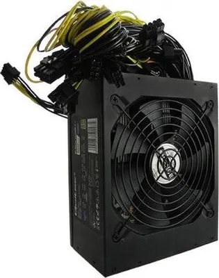 A black computer power supply unit with a fan and a bundle of black and yellow cables.