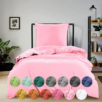 A bed with pink bedding, with swatches of different colored bedding options shown below.