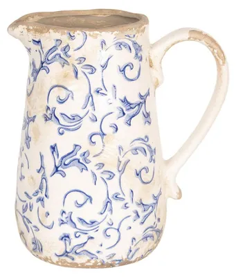 Produktbild von Clayre & Eef Dekorative Kanne 1000 ml Weiß Blau Keramik Blätter
