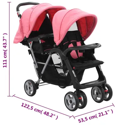 Produktbild von vidaXL Tandem-Kinderwagen Stahl Rosa und Schwarz