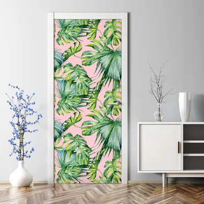 Produktbild von Dekorative Türposter selbstklebend Klebefolie Wandaufkleber Türaufkleber Rosa Grün Blätter 77 x 200 cm