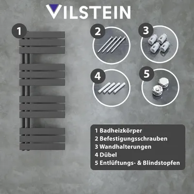 Produktbild von VILSTEIN Badheizkörper elektrisch, Handtuchheizkörper seitlich offen, Handtuchtrockner Bad, Wandheizkörper, Handtuchheizung Badezimmer, Heizkörper Handtuchhalter, Schwarz, 120x45 cm