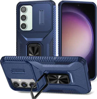 Immagine prodotto di Custodia a doppio strato per Samsung Galaxy S23 FE custodia di protezione militare con protezione fotocamera scorrevole e supporto/supporto ad anello blu