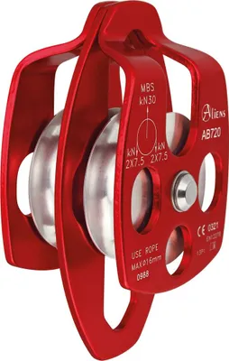 BIG DOUBLE PULLEY OPEN Umlenkrolle von Aliens; rot; mit zwei Rollen und technischen Angaben.