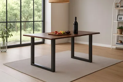 Produktbild von Refurbished Möbelretoure Esstisch Baumkante massiv Akazie kastaniefarben 140 x 80 cm U-Gestell schwarz ROXANA