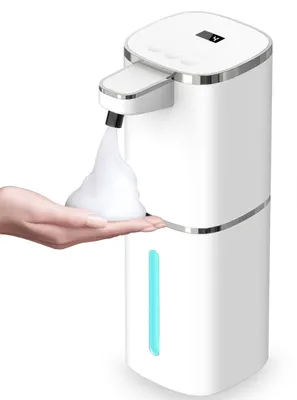 Productafbeelding van Automatische, contactloze zeepdispenser van 400 ml met 9 verstelbare spuitstanden, display, USB-oplaadbaar, IPX5 waterdicht en geschikt voor wandmontage in badkamer, keuken en kantoor.