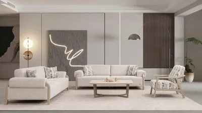 Immagine prodotto di Divano componibile 3 posti + 3 posti + 1 posto, colore beige, tessuto bouclé, design moderno scandinavo