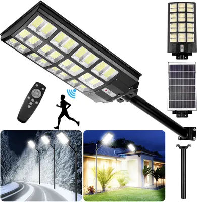 A collage of images showing a solar street light, its components, and examples of its use in different environments.