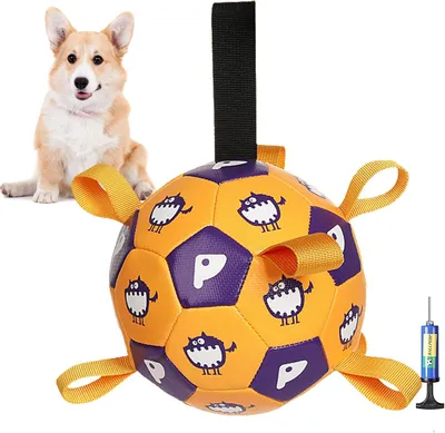Imagen del producto de Juguete para perros con forma de balón de fútbol, con agarres para las manos, de 15 cm, incluye bomba, juguete interactivo para jugar en el agua