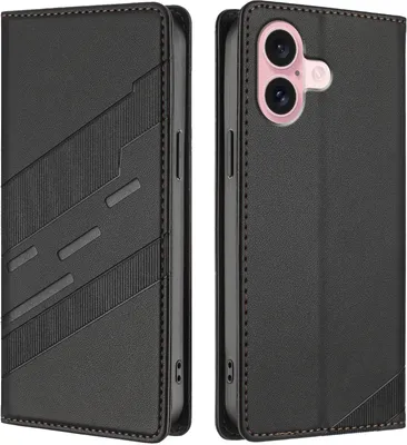 Produktbild von Hülle für iPhone 16, Kunstleder Brieftaschen Handyhülle mit Kartenfach und Standfunktion Schwarz