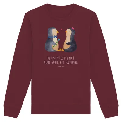 Produktbild von Mr. & Mrs. Panda Organic Pullover Pinguin Pärchen Größe XS - Burgundy - Geschenk, Baumwoll Sweatshirt, Pulli, glücklich, Bio, Hochzeitstag, Liebe, Hochzeitsgeschenk