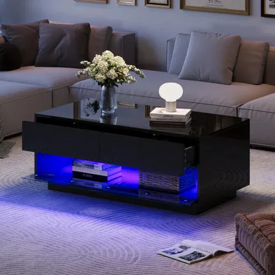 Image de MODFU Table basse 100x50x40 cm - Verre Trempé et LED - Noir