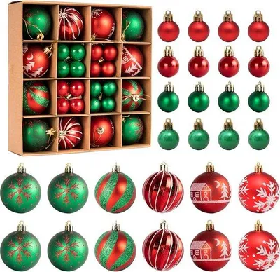 Produktbild von 44 Stück Kunststoff-Weihnachtsbälle, für Festivaleinrichtung, Weihnachtsbaumdekoration, traditionelles Thema Rot-Grün