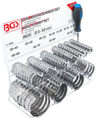 Immagine prodotto di BGS 8095 | Assortimento di fascette stringitubo | 111 pezzi | inox | Ø 12 - 20 mm | fascette stringitubo | fissaggi per tubi flessibili