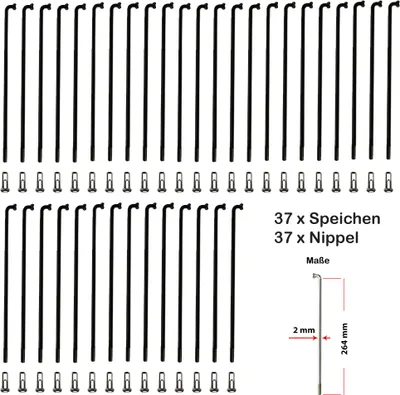 Produktbild von 37 Stück Büchel Fahrrad Speichen 264mm Spokes Schwarz 2mm VERZINKT mit Messing Speichennippel