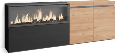 Image de COZY Buffet salon et cuisine, 208x35x75cm, 4 Portes, Cheminée électrique XXL, Chêne et noir