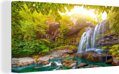 Produktbild von MuchoWow® - Leinwandbilder - Natur - Wasserfall - Pflanzen - Bäume - Sonne, Wandbild, Wanddeko Bilder Wohnzimmer, 40x20 cm