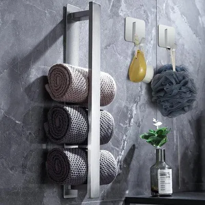 Image de Porte-serviettes Unyqoos® sans perçage – barre de serviette adhésive de 40 cm en acier inoxydable brossé, noire, 2 pièces, pour salle de bain et cuisine