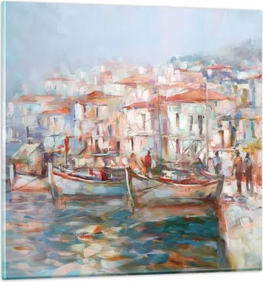 Produktbild von Bilder auf glas - Einteilig - Insel Boote Hafen - 70x70cm - Glasbilder - Wandbilder - Bilder - zum Aufhängen bereit - Wanddekoration aus Glas - Glas Bilder - Wandbild auf Glas - GAC70x70-4852