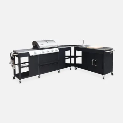 Immagine prodotto di Modulo cucina da esterno con barbecue a 4 bruciatori, fuoco laterale, lavello e porta utensili, Nero