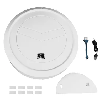 A white robotic vacuum cleaner and its accessories are laid out on a white background.