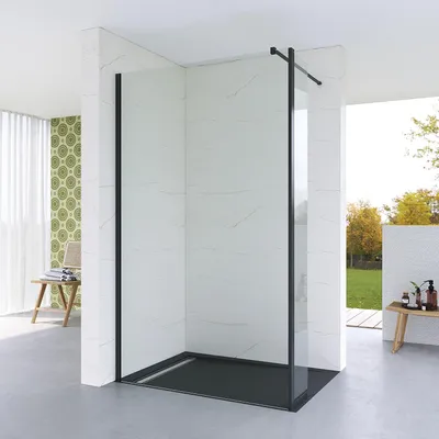 Produktbild von AQUABATOS Walk in Dusche Duschwand Glas Duschabtrennung  Glaswand für Duschwanne aus Klarglas 8 mm mit NANO Beschichtung inklusive 90° Stabilisator und Seitenwänden, 100 x 200 cm