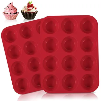 Zdjęcie produktu dla Forma silikonowa do muffinek, 2 sztuki, do wypieku 24 muffinek, czerwona, nieprzywierająca, wolna od BPA, można myć w zmywarce, odporna na temperaturę do 220°C