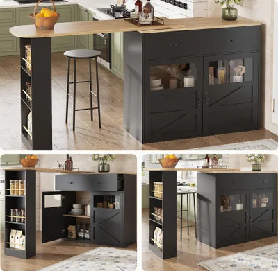 Produktbild von Ausziehbarer Bartisch mit Stauraum(138-204×39×104cm) , 360° drehbare Essbar,Moderner Beweglicher Bar Table,Hochtisch Kücheninsel Bistro Table, Sideboardschrank mit Regalen,Schwarz