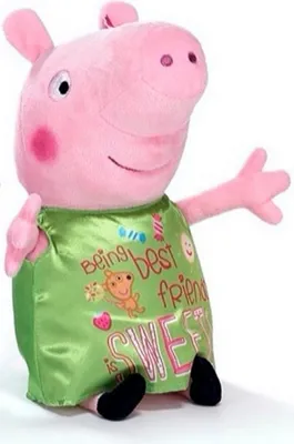 A plush toy of Peppa Pig wearing a green dress with text and graphics.
