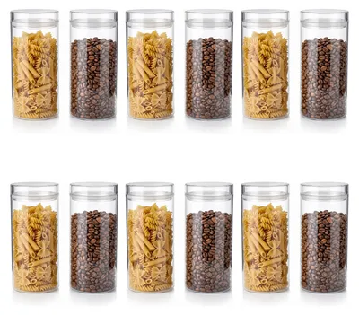 Obrázok produktu pre Sada 12 kusov sklenených nádob Arendo, objem 1400 ml, okrúhle, vzduchotesné, vyrobené z borosilikátového skla. Sklenená časť je vhodná do umývačky riadu a do mikrovlnnej rúry. Farba: priehľadná