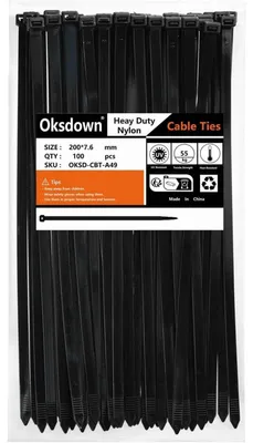 Obrázek produktu pro Stahovací pásky, 200 mm x 7,6 mm, černé, 100 kusů, odolné vůči UV záření, pevnost v tahu 50 kg, nylon