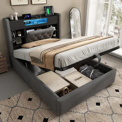 Immagine prodotto di Letto imbottito Flieks 90x200 cm con USB e Type-C, letto idraulico con contenitore, scaffale e vano portaoggetti, letto singolo per ragazzi con LED, rivestimento in lino, grigio