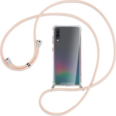 Produktbild von Handykette Backcover-Schutzhülle mit Band (Metall silberfarben) für Samsung Galaxy A70 - rose peach