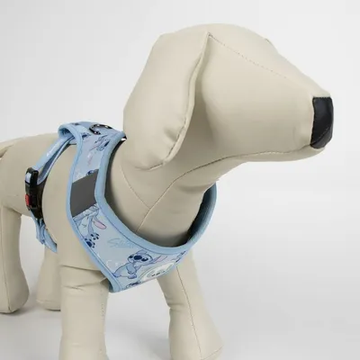 A dog harness with a Lilo & Stitch pattern is displayed on a mannequin.