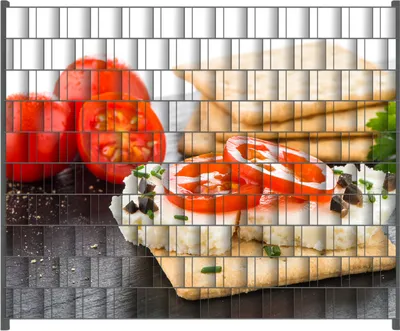 Produktbild von Wallario Zaunsichtschutz mit Motiv Frisches Knäckebrot mit Tomaten und Käse für Ein- und Doppelstabmatten Zäune in der Größe 250 x 200 cm